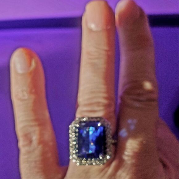 Princess Cut Blue Sapphire & White Baguette Diamond Ring on 925 Sterling Silver - Picture 4 of 7